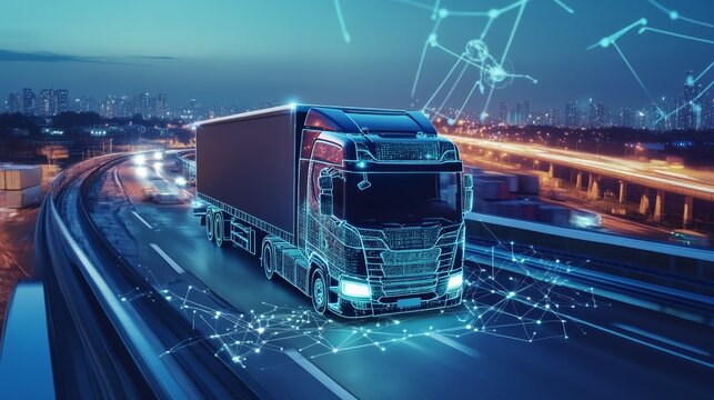An AI powered logistics optimization platform, calculating the most efficient delivery routes for cargo trucks based on real-time data, Logistics tech style