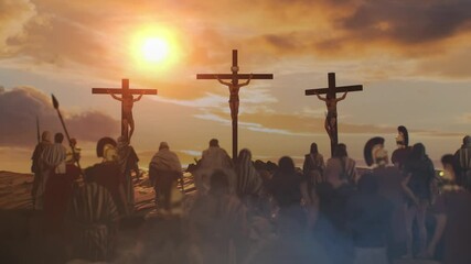 Golgotha crucifixion of Jesus Christ, large crowd watching the crucifixion 3D render - Powered by Adobe