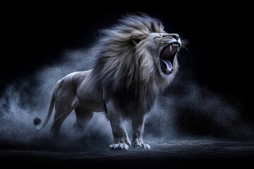 A 3D-rendered lion roaring in slow motion, saliva and dust particles flying through the air