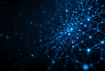 Obraz premium Digital network displays numerous interconnected nodes and lines, glowing in various shades of blue. The visual represents complexity and modern technology's influence on connectivity