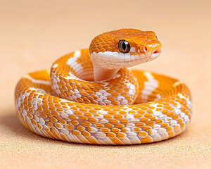 Fototapeta premium Close-up of an orange and white snake coiled on a sandy surface