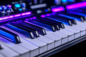 Close-up of illuminated keyboard keys, vibrant blue and purple accents