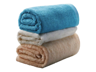 A stack of three neatly rolled bath towels in blue, white, and beige. Soft, fluffy texture. Perfect for spa, hotel, bathroom, or cleanliness themes.  Ideal for websites, brochures, and advertising.