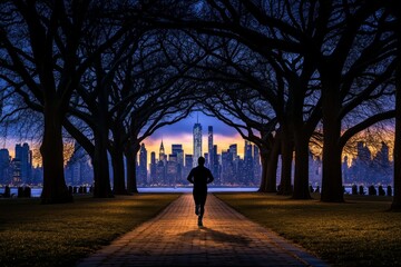 A New York jogger running through Central Park in the early morning, with the city skyline in the background