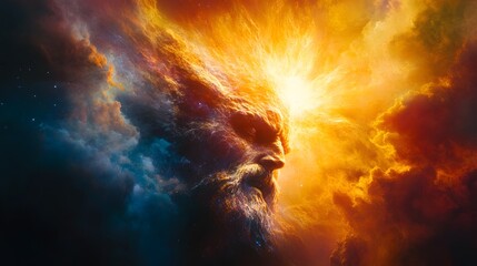 Fototapeta premium Majestic lion in the sky with cosmic elements creating an ethereal and dreamlike scene of grand imagery