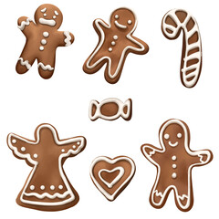 collection of festive gingerbread cookies featuring various shapes including candy cane, heart, and angel, decorated with white icing. cookies evoke cheerful holiday spirit