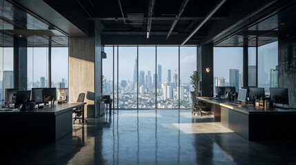 Fototapeta premium Minimalist office interior with pc computers on desks in row, concrete floor. Stylish workspace with panoramic window on Bangkok skyscrapers. 3D rendering