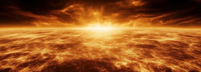 Fototapeta premium A wide shot of the surface of the Sun- with intense- fiery solar flares and a turbulent- roiling atmosphere. The light from the Sun's core radiates outward- casting a brilliant glow.