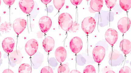 Watercolor Pink balloons on a white background. Seamless pattern