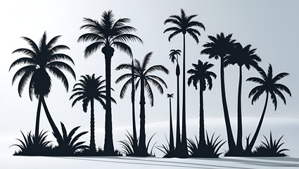 Obraz premium an elegant set of palm tree silhouettes in various forms on a white background, perfect for showcasing nature’s diversity in a stylish way.
