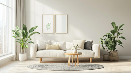 3D mockup of a spacious modern living room featuring a compact yet comfortable sofa, elegant decorative accents, and a stylish, visually appealing background