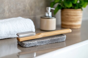 A stylish bamboo toothbrush rests on a natural stone base beside handmade soap, emphasizing eco-friendly and minimalistic bathing essentials for a serene bathroom ambiance.