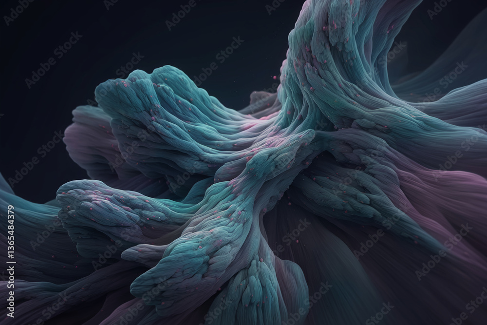 Poster Abstract image of teal and purple textured forms resembling flowing fabric or organic matter, creating a visually captivating and mysterious scene, suitable for design or artistic concepts