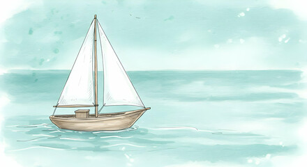 Fototapeta premium Watercolor Sailboat On Pastel Sea