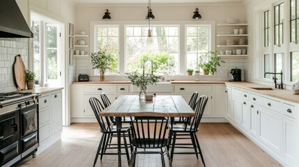 Side view of a Scandinavian style kitchen with white walls, a wooden floor, white countertops and cabinets and a table with black chairs. 3d rendering mock up