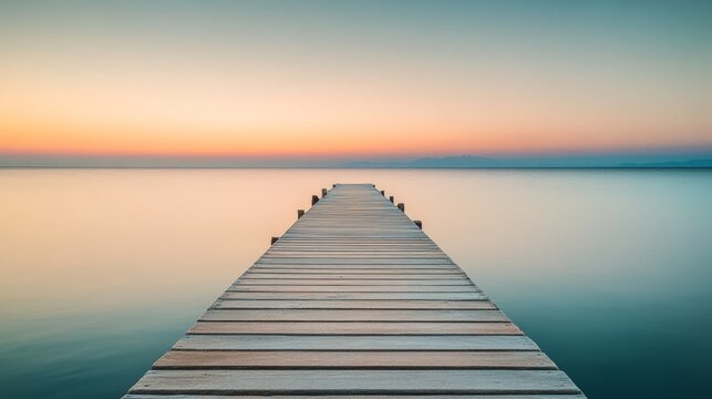 Tranquil sunrise over a wooden pier extending into a calm sea