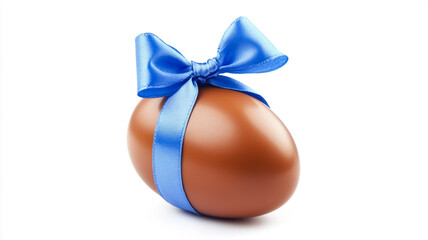Shiny, glossy chocolate Easter egg adorned with a neatly tied blue ribbon bow, isolated on a transparent white background. A festive, sweet, and delightful holiday treat 