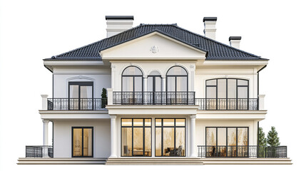 Elegant residential house with large windows and balconies on white background
