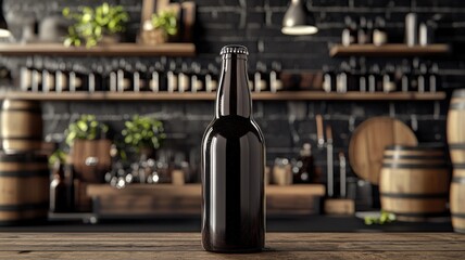 A dark bottle stands prominently on a wooden table, with a rustic bar setting featuring barrels and shelves in the background.