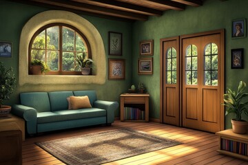 Obraz premium A delicate watercolor illustration of a cozy care home room with warm colors and personal decorations