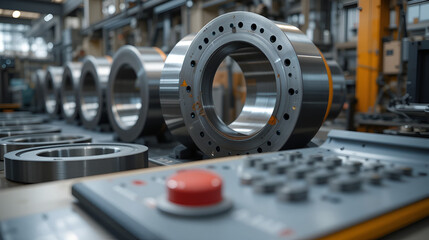 Blanks for large diameter bearings. Metal products. Heavy industry.The control panel with the red button on the production is out of focus.The concept of the industrial industry.