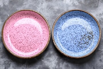 Two speckled plates of different colors are displayed together