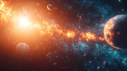 Obraz premium Stunning space scene featuring planets and stars set against a beautifully dark cosmic background of endless depths