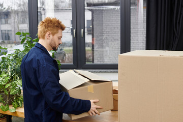 Modern man engaged in packing boxes while preparing for a move to a new home