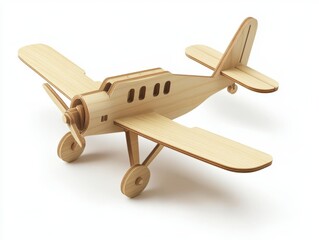 Light Brown Wooden Model Airplane on White Background