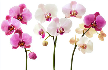 Arrangement of pink and white orchid flowers on stems isolated against a white background studio shot