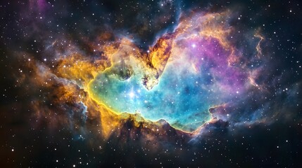 Majestic nebula gracing the night sky with cosmic colors and stellar patterns in a detailed photorealistic landscape