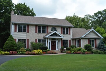 Beautiful suburban home with manicured garden and vibrant flowers under a cloudy sky