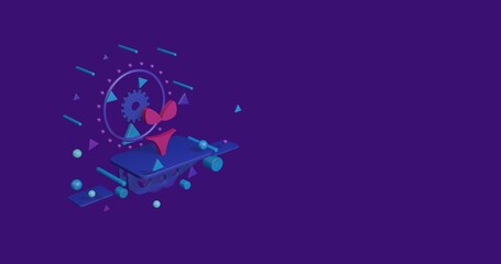 Pink bikini symbol on a pedestal of abstract geometric shapes floating in the air. Abstract concept art with flying shapes on the left. 3d illustration on deep purple background