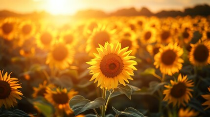 Vibrant sunflower field at sunset in full bloom