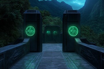A futuristic Jurassic park with cloned dinosaurs, surrounded by neon-lit containment fields