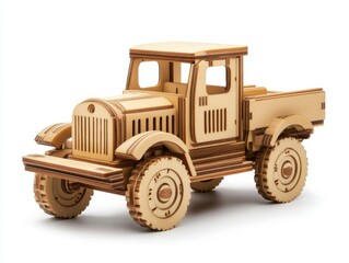 Light Brown Wooden Toy Pickup Truck Model on White Background