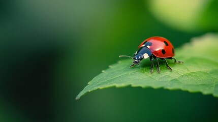 Fototapeta premium Vibrant red ladybug resting on green leaf in natural setting