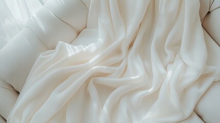 Obraz premium Soft white gauze blanket rests on an armchair, enhancing the serene and inviting feel of the living space with its luxurious texture