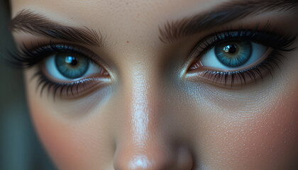 "A high-resolution close-up shot of a woman's eyes with long lashes, bold kajal, and a soft reflection of light, making her gaze intense and captivating."
