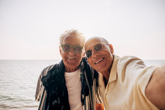 Portr&auml;tt av glatt &auml;ldre par vid hav