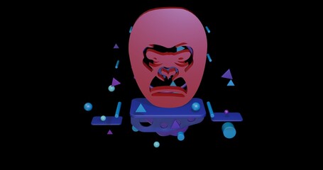 Red gorilla head on a pedestal of abstract geometric shapes floating in the air. Abstract concept art with flying shapes in the center. 3d illustration on black background