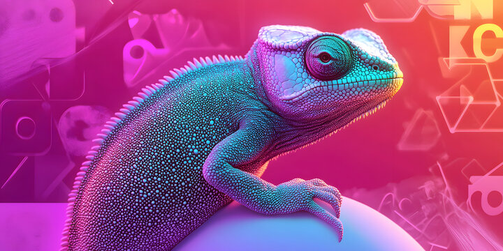 Colorful Chameleon Artwork with Vibrant Background, Digital Chameleon Illustration, Rainbow Gradient Chameleon Art