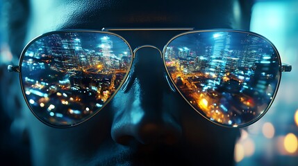 Night city reflected in aviator sunglasses
