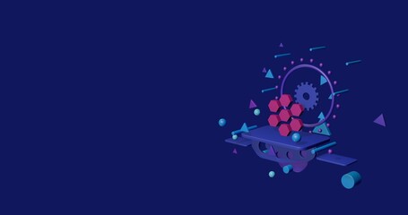 Pink hive symbol on a pedestal of abstract geometric shapes floating in the air. Abstract concept art with flying shapes on the right. 3d illustration on indigo background