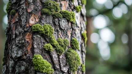 Obraz premium close up of evergreen tree bark showcasing intricate textures and vibrant green moss growing on its surface, creating serene and natural atmosphere