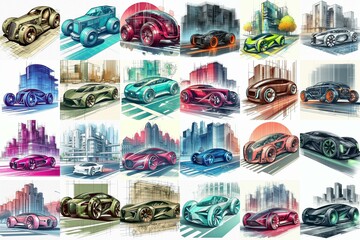 Futuristic concept cars moving along street. Blending watercolor and blueprint. AI generated illustration