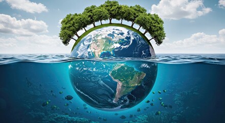 Fototapeta premium A Globe Submerged Halfway in Water With Fish and Corals Below, and Trees Above