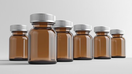 A row of amber glass bottles with silver caps, lined up against a neutral background, suggesting storage for liquids or medicinal substances.
