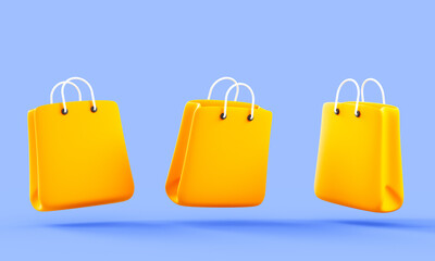 3D Yellow Shopping Bags Floating on Blue. 3D illustration of three yellow shopping bags floating against a blue background, symbolizing online shopping, retail, and ecommerce.