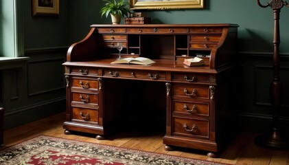 Imposing antique rolltop desk; dark wood, aged brass hardware, brass, retro